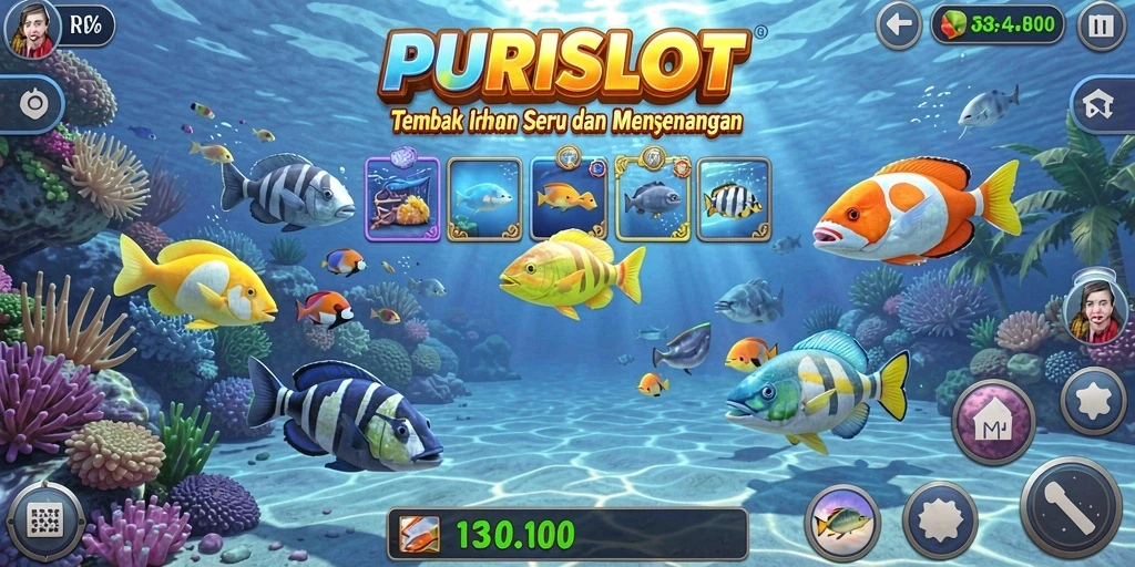 Screenshot gameplay PURISLOT menampilkan aksi menembak ikan yang seru.